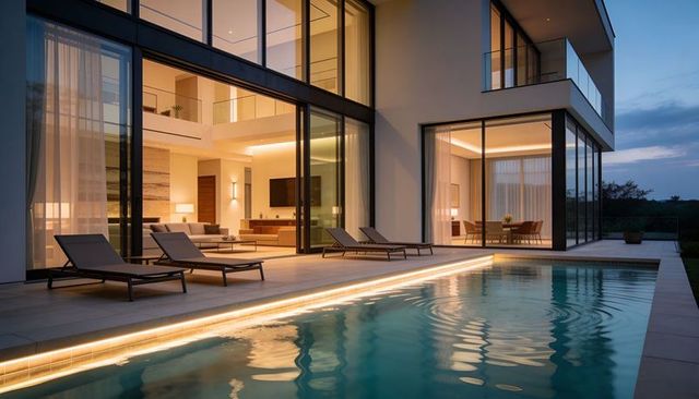 Contemporary glass-walled villa featuring led-lit pool at dusk