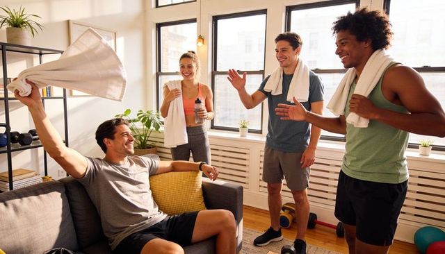 Friends relaxing after home workout smiling group chatting in sunlit apartment with towels