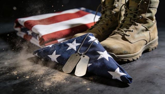 Honoring fallen soldiers with folded american flag, dog tags and combat boots