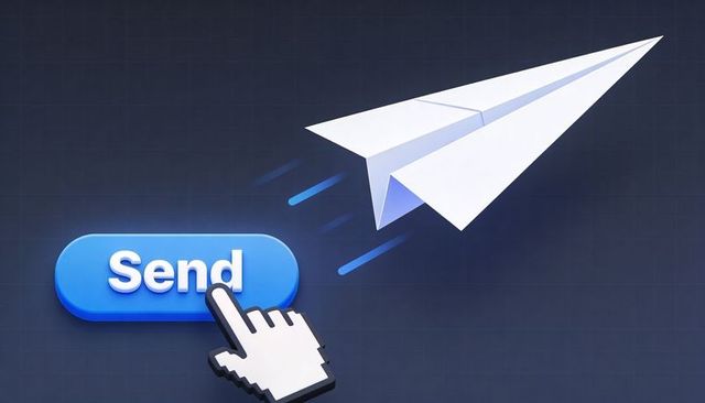 Sending paper airplane concept with blue send button, cursor pointer and motion trails