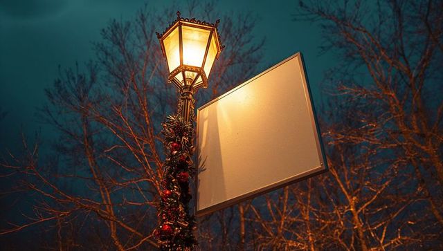 Decorative Lamppost Illuminating Street with Festive Garland and Blank Sign