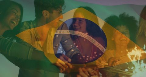 Friends Celebrating Under Overlay of Brazil Flag