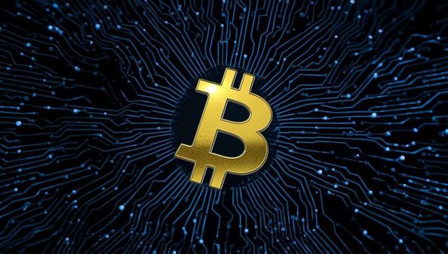 Gold Bitcoin Symbol with Radiating Blue Circuitry