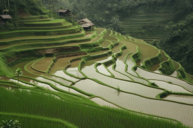 Lush rice terraces with stagnant water reflect the surrounding greenery and farming structures. Dense foliage and distant hills frame the view, capturing traditional agricultural practices. Ideal for illustrating agriculture, travel and tourism, sustainability, and scenery.