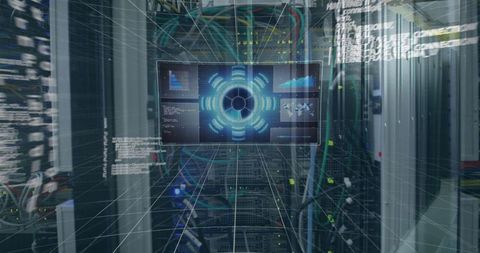 Digital Data Processing Over Server Room with Futuristic HUD