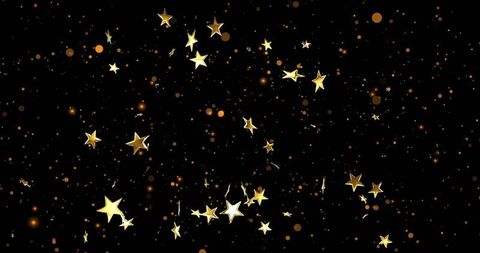 Gold Star Confetti Arcing Over Black Background with Amber Bokeh and Metallic Sparkle