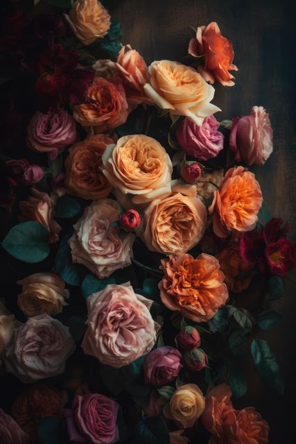 Vibrant close-up of mixed roses and peonies on a dark background. Ideal for floral design projects, romantic themes, wedding invitations, background for social media posts, or home decor.