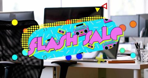 Retro flash sale graphic in modern office workspace