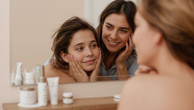 Mother and teen daughter sharing skincare moment at vanity mirror for beauty campaigns