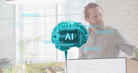 Teal ai brain hologram projecting interactive data overlays during office presentation