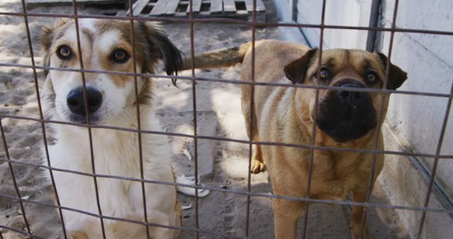 Two dogs standing behind a wire fence at an animal shelter. One dog has a white and tan coat, while the other dog has a tan and brown coat. Both dogs appear sad and are looking through the fence towards the camera. This image is ideal for illustrating themes of pet adoption, animal rescue, and the need to support shelters. Can be used in campaigns about pet care, animal welfare, and rescue initiatives.