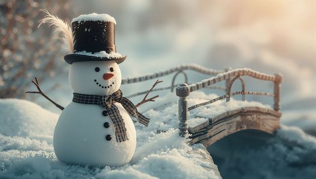 Cheerful Snowman with Top Hat near Snow-Covered Bridge