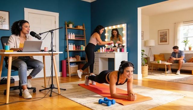 Recording podcast, applying makeup and doing plank workout in bright home studio