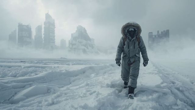 Exploring icy landscape in extreme cold weather gear