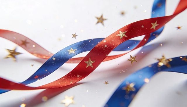 Red and Blue Satin Ribbons Twisting and Sparkling with Gold Star Confetti for Patriotic Events