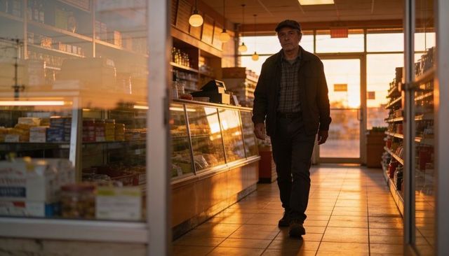 Senior man walking through neighborhood deli bathed in golden sunset light