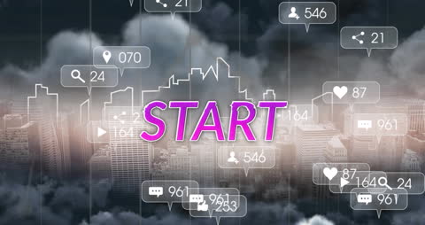 Digital Start Concept with Social Media Icons Over Cityscape