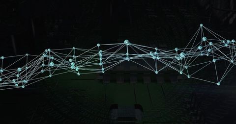 Glowing cyan network nodes flowing across microchip circuit board, futuristic data mesh