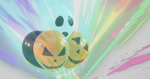 Floating Halloween Balloons with Neon Pastel Rays and Glossy Jack-o'-Lantern Faces