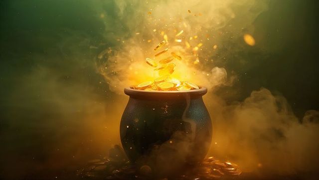 Glowing treasure cauldron overflowing with gold coins, cinematic mystic glow