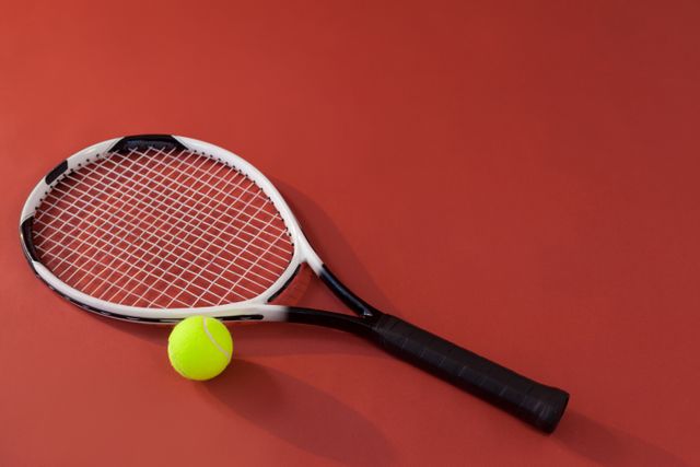 High angle view of tennis racket and fluorescent yellow ball on maroon background. Ideal for sports equipment advertisements, tennis club promotions, and recreational activity visuals.