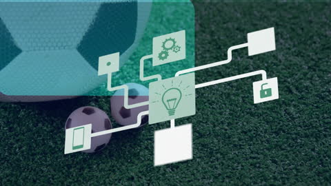 Digital Network Icons on Soccer Field Indicating Sports Technology
