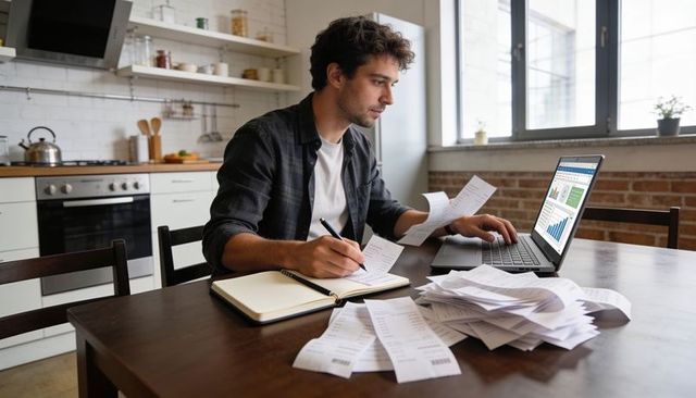 Man managing finances at kitchen table with laptop and receipts for remote bookkeeping