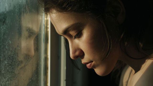 Leaning woman pressing forehead to rain-streaked window, moody closeup profile