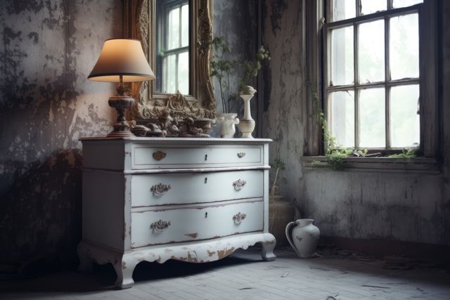 Antique style white chest of drawers in shabby chic room, created using generative ai technology - Download Free Stock Photos Pikwizard.com