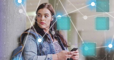 Connected Young Woman Using Smartphone in Digital Network Concept