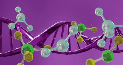 Floating Molecules Around DNA Strand on Purple Background
