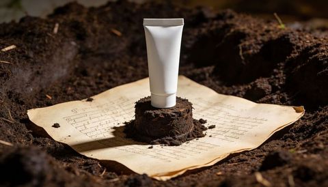 Showcasing blank white cosmetic tube on soil mound over vintage parchment for eco skincare