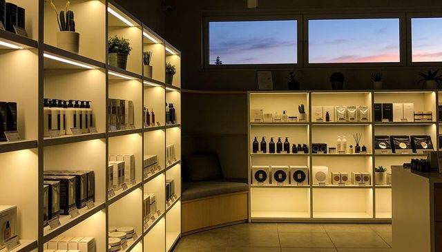 Warm backlit retail shelving displaying skincare and home fragrance products at dusk