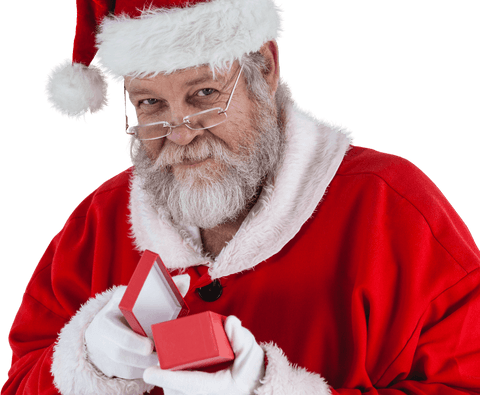Santa Claus Joyfully Unveiling a Secret Holiday Gift in Transparent Background