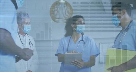 Healthcare Professionals Collaborating in Hospital with Digital Data Overlay