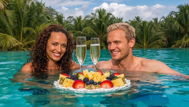 Couple Enjoying Floating Fruit Platter in Tropical Resort Infinity Pool