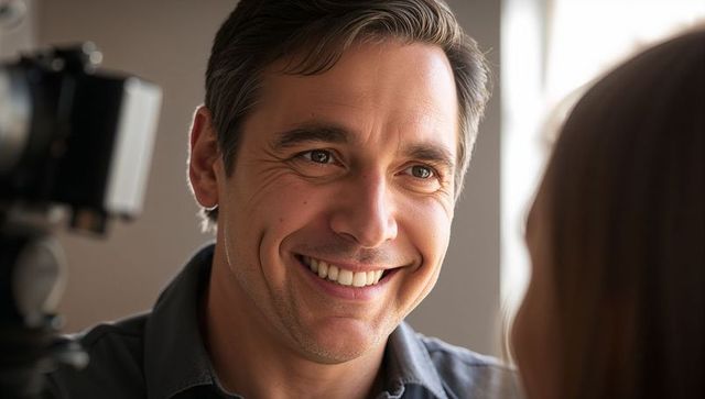 Smiling man leaning forward speaking to partner near camera tripod in warm soft light