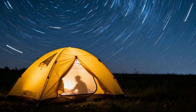 Camping under star trails: glowing yellow tent silhouette in long-exposure night sky