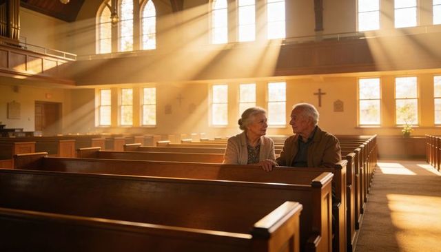 Elderly couple sharing quiet moment in sunlit church pews reflecting love and faith