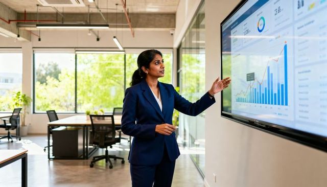 Indian businesswoman presenting data analytics dashboard on large screen in modern office