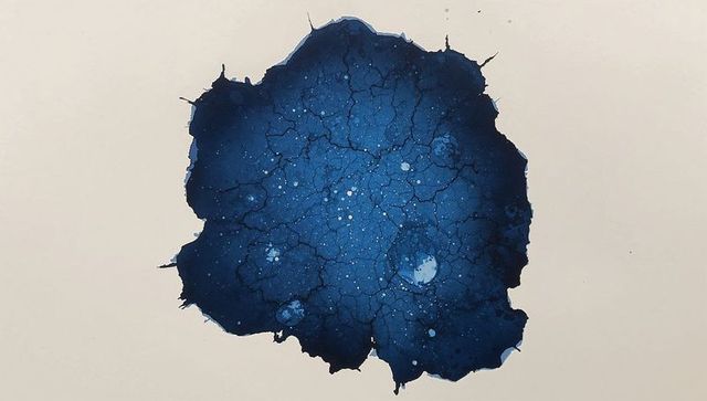 Deep blue ink blot spreading on pale paper with cracked pigment and flecks