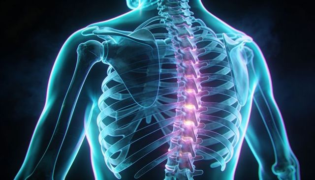 Translucent 3d human torso with luminescent magenta spine and ribcage for medical education
