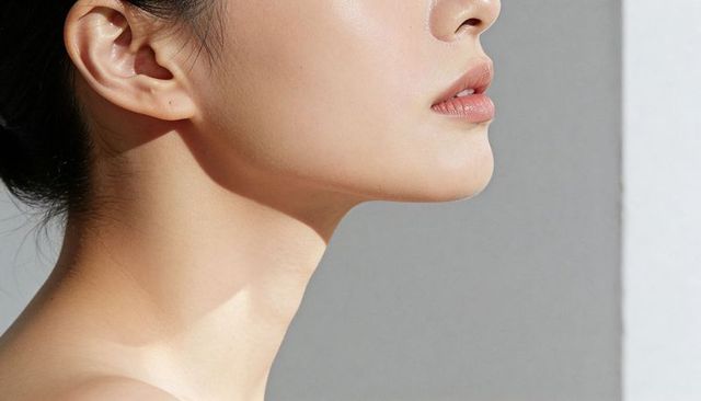 Minimalist profile of asian woman showcasing sculpted jawline, smooth neck and skincare