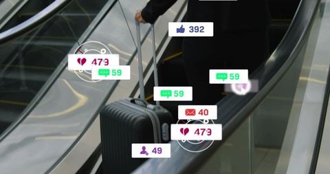 Executive riding escalator pulling carry-on luggage with social media notifications overlay