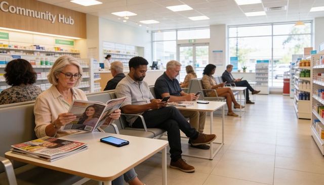 Sunlit community pharmacy waiting room people waiting, reading magazines, using phones