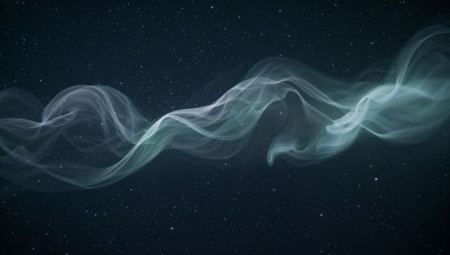 Translucent green-blue ribbon sweeping across starry night sky ethereal celestial wave