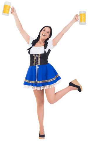 Festive oktoberfest girl celebrating with beer mugs on transparent background