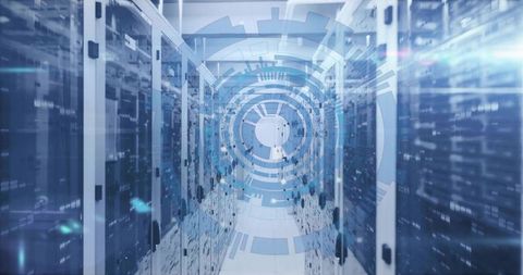 Glowing server corridor with circular HUD overlay in high-tech data center