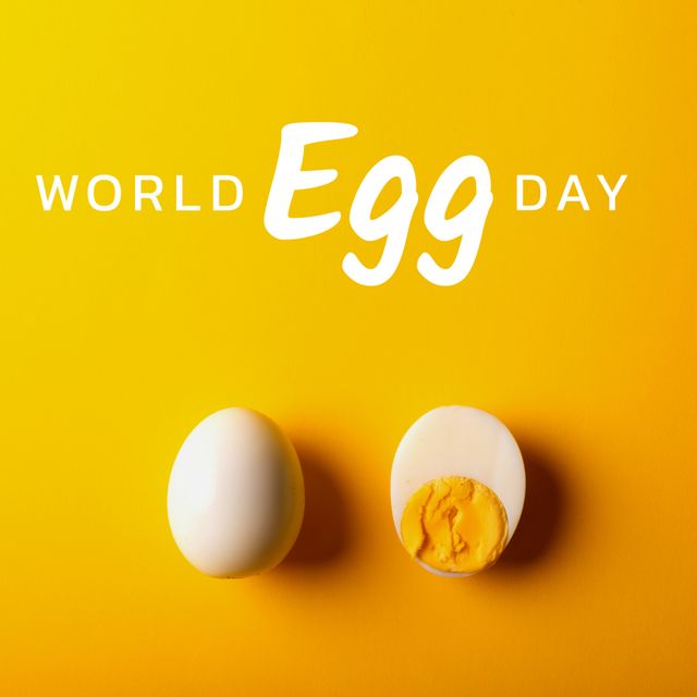 Digital composite of boiled egg with egg slice with world egg day text against yellow background. Copy space, halved, yolk, egg, food, nutrition, healthy, awareness and celebration concept.