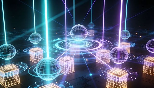 Pulsing holographic globe emitting radial light over neon data grid with glowing cubes